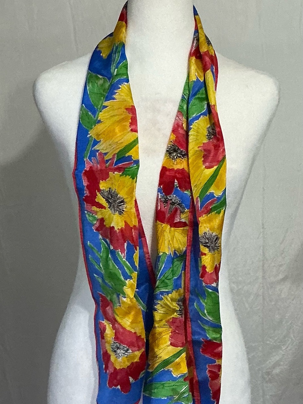 Bright Floral Long Scarf in Blue, Yellow & Red
